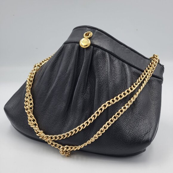 Vintage Black Leather Clutch Purse With Gold Chain Strap & Snap Closure By Ande - Picture 5 of 16